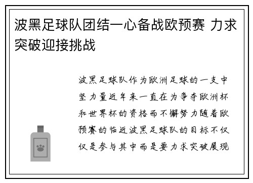 波黑足球队团结一心备战欧预赛 力求突破迎接挑战
