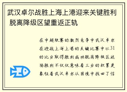 武汉卓尔战胜上海上港迎来关键胜利 脱离降级区望重返正轨